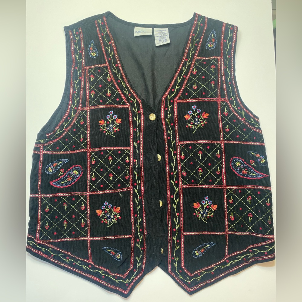 Bobbie Brooks Embroidered Black Vest with Colorful Patterns